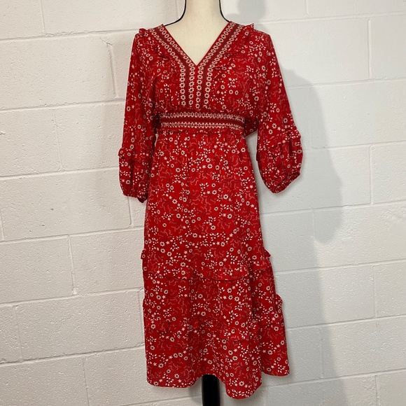 Max Studio Red Balloon Sleeve Tiered Floral Print dress - Picture 1 of 10